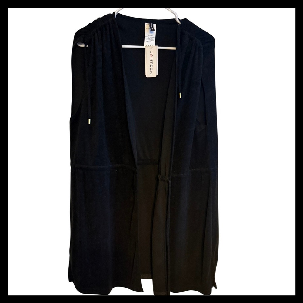 NWT JANTZEN Black Velour Hooded Sleeveless Long Duster Vest Cardigan Women's L